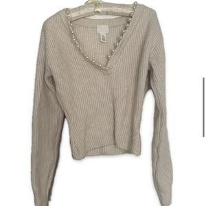 Cream V-Neck Sweater with Pearl Detailing